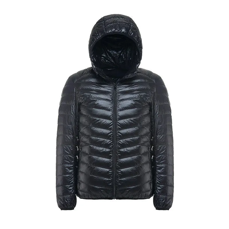 Groothandel Outdoor Warm Eend Veer Custom Logo Nylon Zwarte Hooded Winter Bubble Bladerdeeg Gevuld Down Puffer Jassen Voor Mannen