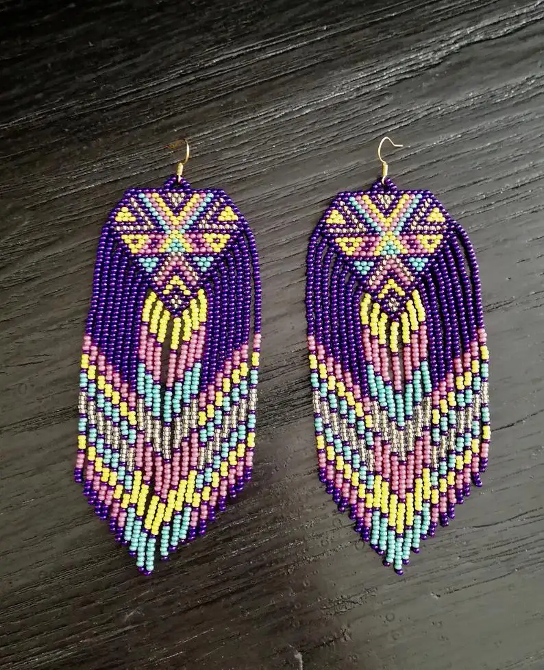Tribal huichol art long tassel seed bead crochet earrings