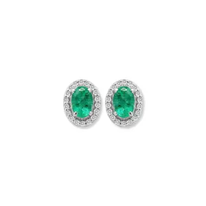14k Solid White Gold Precious Natural Emerald With Diamond Gemstone Handmade Stud Earrings Jewelry For Wholesaler Supplier