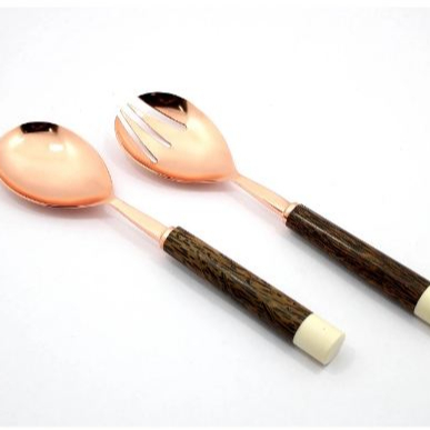 Resin Wood Joined Handle Copper Plated Stainless Steel Salad Server