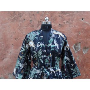 Robe Maxi noire Style Kimono Kantha, peignoir 100% coton, gros vêtement de nuit matelassé à la main, imprimé écran Jungle, vente en gros - Product Image 4