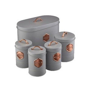 Metal Galvanized Set of 3 Canister Coffee Tea Sugar Food Storage <b>Container</b> Jare Crock with Metal <b>Bamboo</b> Lid - Product Image 2