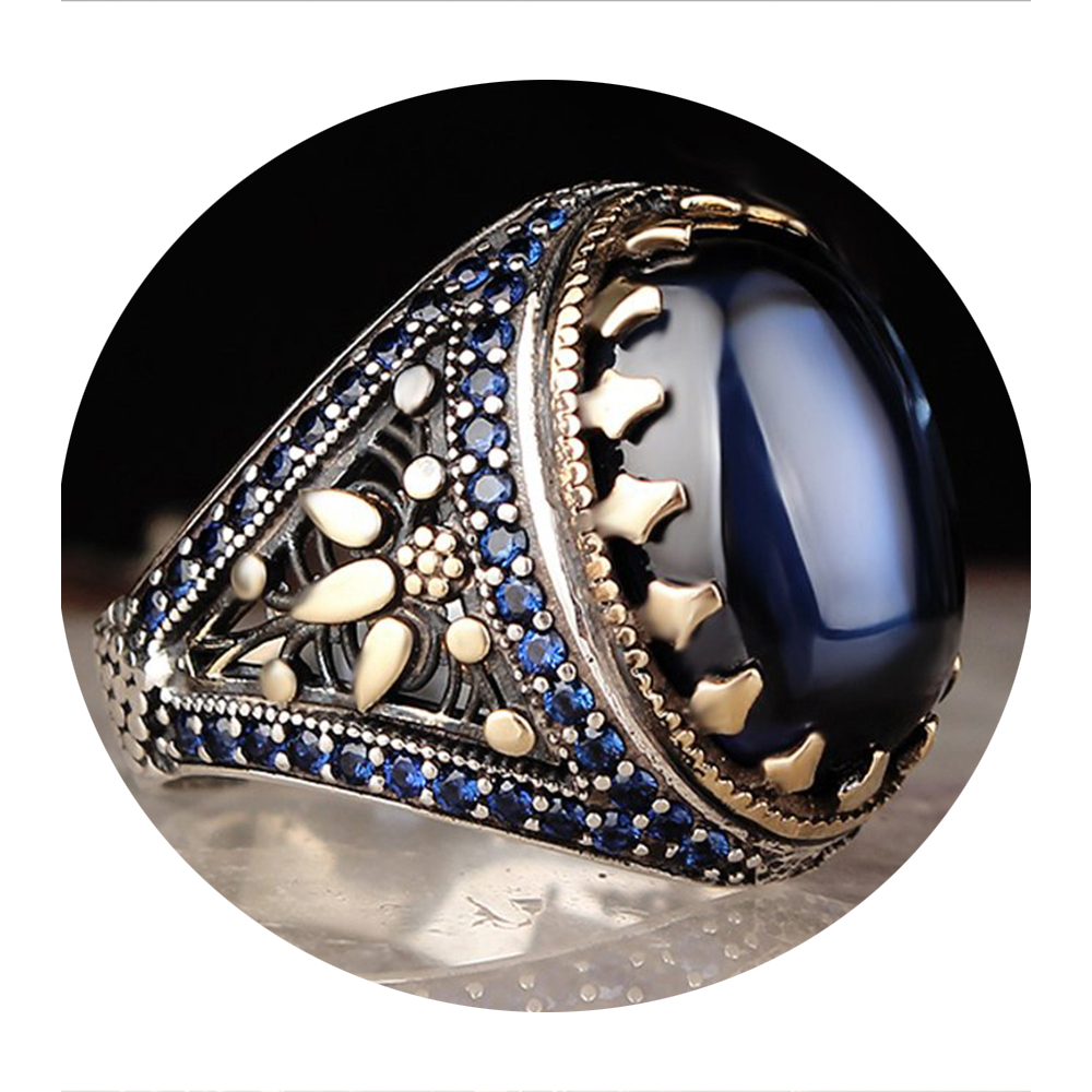 Men 925 Silver Ring Blue Stone Handmade Turkish Jewelry