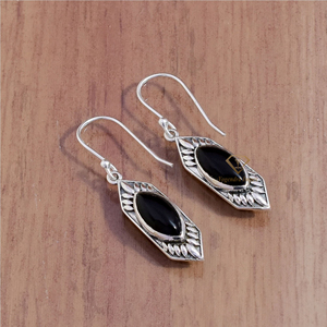 925ต่างหูเงินสเตอร์ลิง Boho คุณภาพสูงพลอยโอนิกซ์สีดำธรรมชาติลดลงเครื่องประดับรูปทรงมาร์คีส์สำหรับเป็นของขวัญอินเทรนด์ - Product Image 1