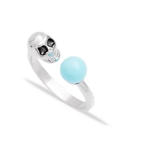 Skull Design Unique Ring with Blue Pearl Turkish Wholesale Handcrafted 925 Sterling Silver Jewelry