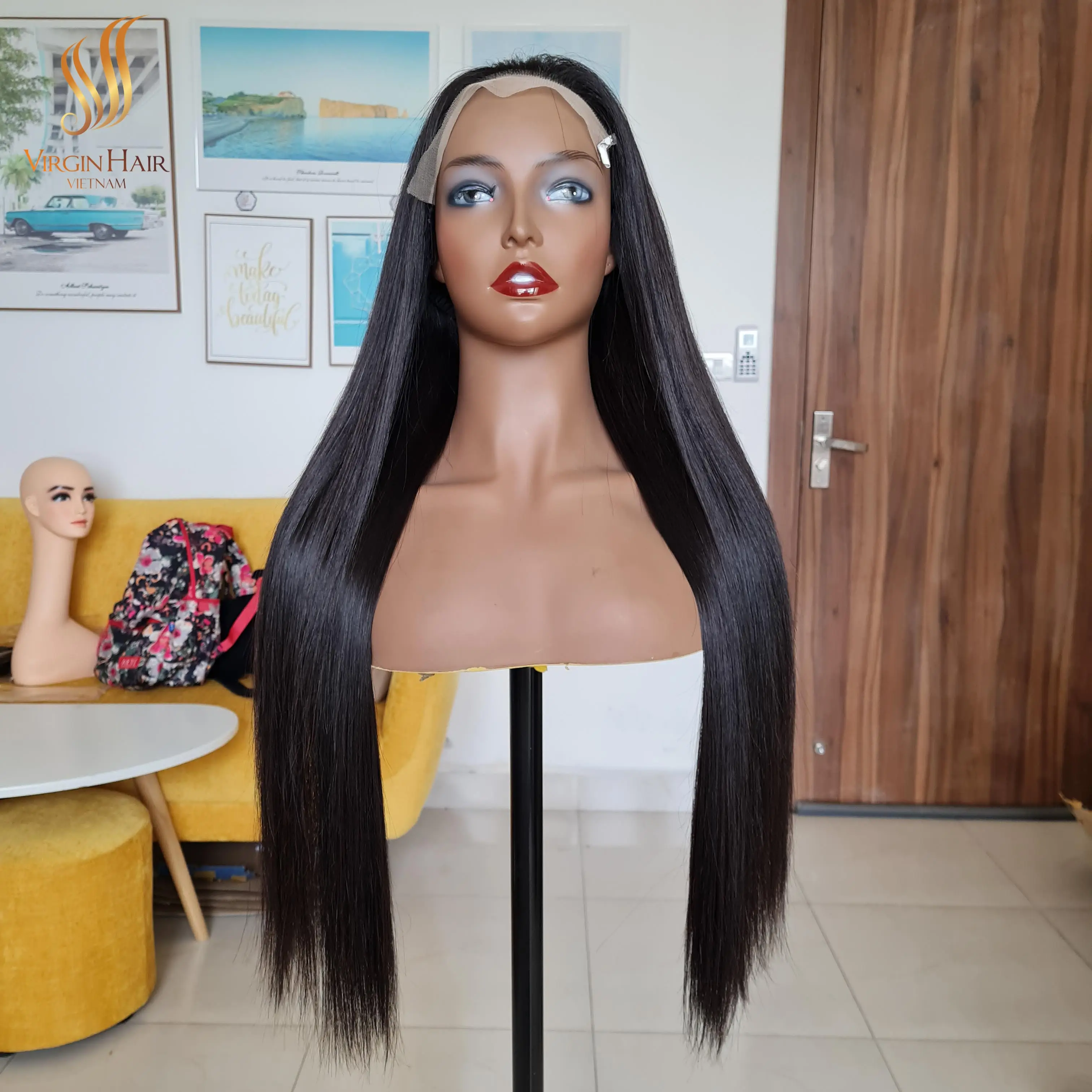 Perruque cheveux droit à Double trame avec Lace CLosure, 100% cheveux naturels, perruques Lace front Wig, cheveux d'alignement sur cuticules, originales