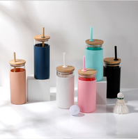Tasse à manche en Silicone Portable de haute qualité, couvercle en bambou, gobelet en verre, bouteille d'eau en verre, paille