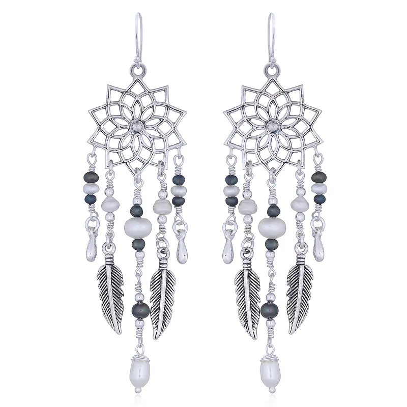 Silver Floral Dream Catcher Pearl Jewelry Earrings