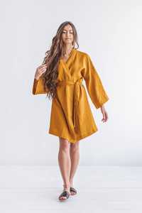 Robe en lin tendance, dernier design 2026, nouvelle robe élégante de couleur dorée, col en V, unie, longueur genoux, manches longues, pour femmes sexy - Product Image 2