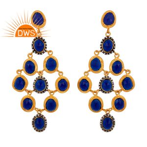 ชุบทอง925เงินออกแบบต่างหูโคมระย้าเพทายสีฟ้าคอรันดัมพลอยต่างหูผู้ค้าส่งเครื่องประดับ - Product Image 1