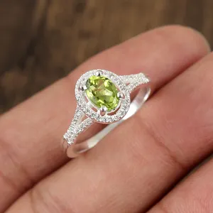 Newest Natural Peridot/White Zircon Gemstone Fine Silver Jewelry 925 Sterling Silver Anniversary Gift Oval Peridot Bridal Ring