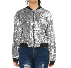 Women's <b>Glitter</b> Regular Sleeve Zipper Bomber <b>Jacket</b> Spring Canvas Stand Collar Breathable Thick - Product Image 4