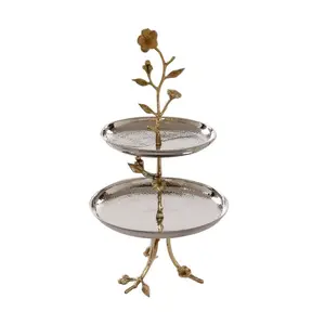 Silver Finishing Standard Size 2 Tier Metal Display Cake Stand Hammered Design Tabletop Decoration Dessert Cake Stand