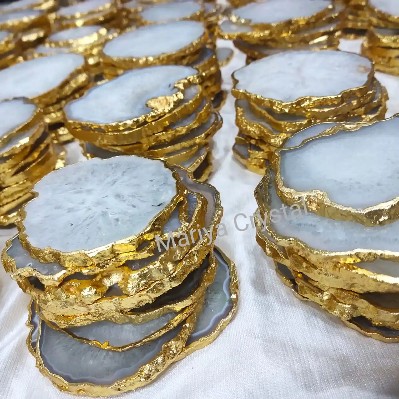 Sllice ถาดรองแก้วเกลืออาเกตสีขาวขอบทอง,ที่รองแก้วหินอาเกตเกลือขายส่งขอบทองคำฮวงจุ้ย