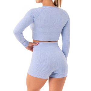 2021 Women's High Quality Seamless Gym Crop <b>Top</b> Sexy Rib Fitness Yoga Tank Short Ribbed <b>Long</b> Sleeves Sport Short Length Crop <b>Top</b> - Product Image 2