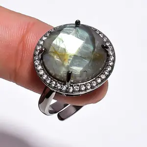 Latest Blue Fire Labradorite Cubic Zircon Gemstone Micro Pave Fine Jewelry 925 Sterling Silver Black Plated Women Custom Ring