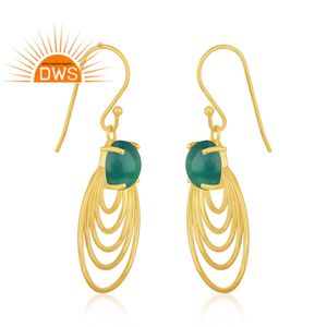 18k <b>Gold</b> Plated Silver Prong <b>Set</b> Designer Dangle Earrings Jewelry Wholesaler Natural Green Onyx Gemstone Dangle Earring Jewelry - Product Image 2