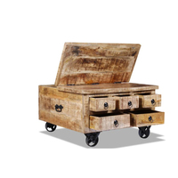 Table basse en bois de manguier massif de fabrication indienne moderne Blue Ocean CT-52021 pour salon, 3 tiroirs petits, 2 tiroirs grands, roulettes métalliques, légère