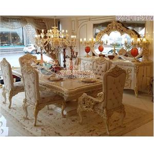 Meubles de salle à manger de style royal classique en teck, finition blanc doré, table à manger luxueuse sculptée à la main - Product Image 1