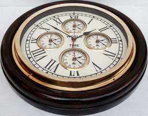 Reloj de pared de madera y latón Estilo Vintage, reloj de Tiempo Mundial, decoración de pared, regalo náutico - Product Image 3