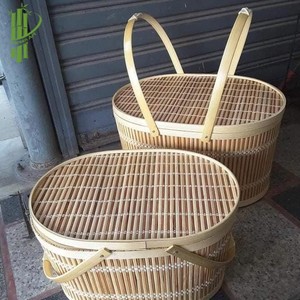 ตะกร้าปิกนิกไม้ไผ่ธรรมชาติพร้อมฝาปิดกล่องเก็บของทรงกลมสำหรับตกแต่งบ้านร้านอาหาร