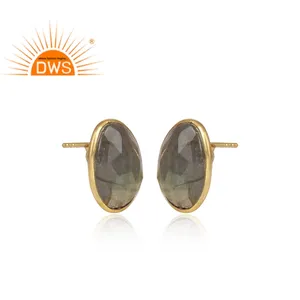 Oval Cut Natural Labradorite Gemstone Stud Earrings Jewelry Supplier Gold Plated Silver Fancy Casual Earrings Wholesaler