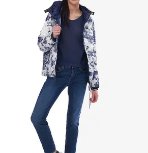 Latest design wholesale cheap all over printed reversible puffer jacket women jacket with hood