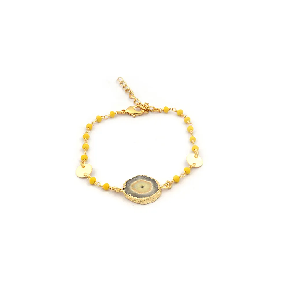 Gold Plated Yellow Agate Beads & Beige Solar Quartz Gemstone Lobster Clasp Adjustable Bracelet Women Jewellery. Mode Joyas B-139