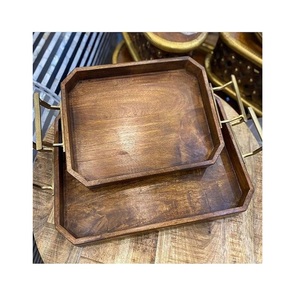 Juego de dos bandejas rectangulares para servir comida, bandeja de madera para servir té y café con asas de metal en venta - Product Image 6