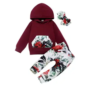 2020 New Brand Toddler Flowers Tracksuit Baby Girl Hooded Tops + PP Pants + Headband 3個Baby Girl Floral Outfits Children Clothes