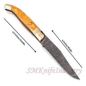 Couteau de poche pliant fait main de damas avec étui en cuir (smk1271), couteau multifonctionnel en acier, couteaux Sm de couleur bois - Product Image 2