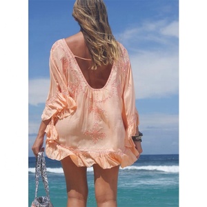 Floral Peach Color Rayon Long Sleeve Mini Poncho <b>Dress</b> Flossy Lace Embellishment Boho Sexy Beach Frill Fixed <b>String</b> Mirror - Product Image 1
