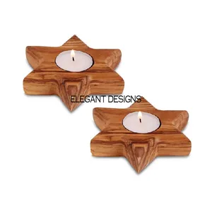 Pemegang Lilin Kayu untuk Rumah, Set Dua Ukuran Sama Bentuk Bintang Klasik Desain Terbaru Pemegang Lilin Kayu