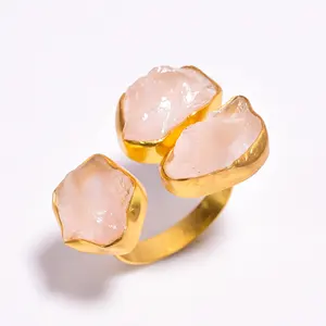 Hot Selling 925 Silver Ring Character Pull Finger Ring Gold Plated Ring for Women's Rose Quartz Raw Gemstone