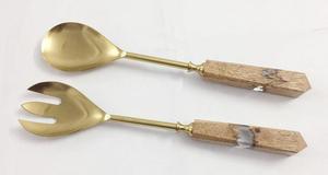 Juego de Cubiertos de cuchara y tenedor de acero inoxidable de alta calidad, herramientas de ensalada con acabado dorado con mango de resina, herramientas para servir ensalada - Product Image 6