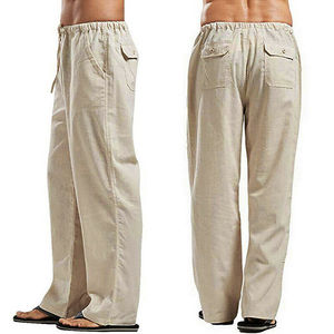 Straight Cotton Linen <b>Trousers</b> Beach Pants for Men Custom Made with High Quality Material Custom Logos and Patches Available - Product Image 1