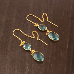 Boucles d'oreilles à facettes ovales à Quartz bleu suisse, Style fil aiguille plaqué or, ensemble de lunette, boucles d'oreilles à chaîne fine - Product Image 6