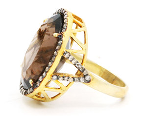 Anillo de diamante y cuarzo ahumado natural | Piedra preciosa ovalada en plata de ley sólida | Joyería hecha a mano vintage al por mayor - Product Image 2