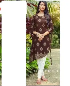 delightful Foil Work side cut dori kurti with half sleeve foil design with bottom