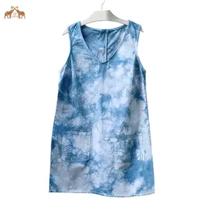 Sin mangas de algodón Tie & Dye Shibori túnica vestido occidental de la ropa de las mujeres