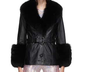 Chaqueta de piel de cordero con cierre de botón y cinturón para mujer, Color negro azabache 100%, moda informal con piel de zorro en todos los colores - Product Image 1