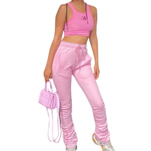 PIHA SPORTS Womens Mid Waist Fleece <b>Leggings</b> Sweatpants Casual Solid Color Split Hem <b>Flare</b> Pants Workout Active Drawstring Loose - Product Image 1