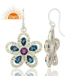 Boucle d'oreille en topaze naturelle bleue et améthyste, 1 pièce, en argent Sterling, fleur, vente en gros - Product Image 3