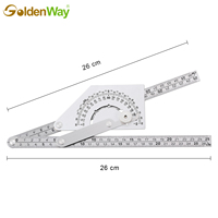 Acero Inoxidable GoldenWay # Transportador de ángulos de 180 grados con escala grabada, 51x51 cm, brazos cortos y largos de 50 cm, modelo GASP03003