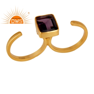 Hydro <b>Amethyst</b> Double Finger Open <b>Ring</b> Wholesaler 18k Yellow <b>Gold</b> Plated Brass of Fashion Jewelry Indian Custom Jewelry - Product Image 1