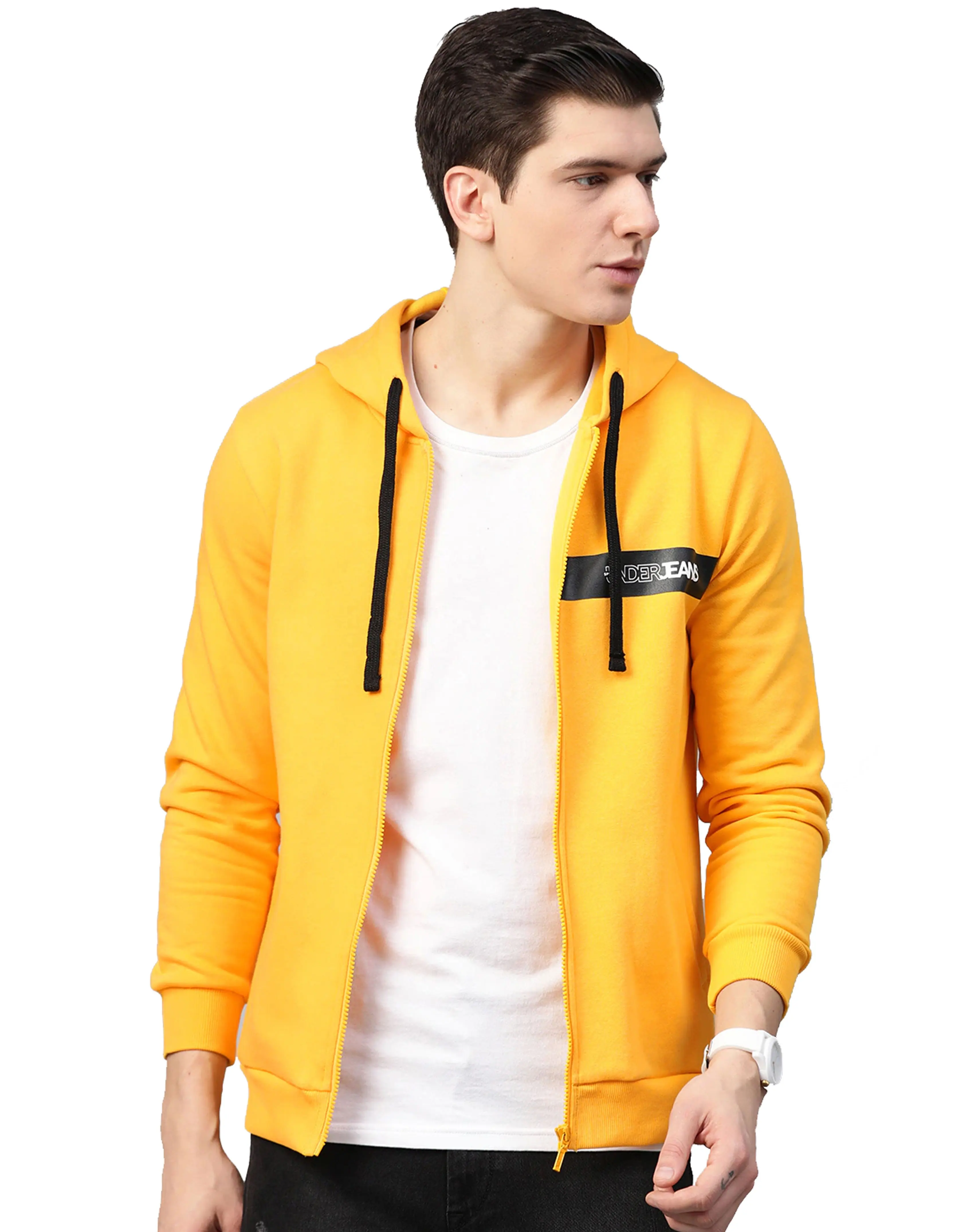 เสื้อฮู้ดมีซิปสีเหลืองล้วนสำหรับผู้ชาย,เสื้อฮู้ดมีซิปปักลายกราฟิกหนาโลโก้แบบกำหนดเอง