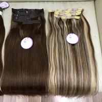 Clip in Hair Extensions Brown with Blonde Highlighted Human Hair Clip in Real Extensions 7 Pieces 150G