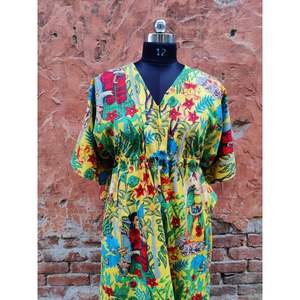 Suave y cómodo amarillo Floral bloque de mano estampado caftán vestido túnica suelta ropa de playa indio Maxi vestido encaje tejido algodón al por mayor - Product Image 2