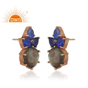 Pretty Small Labradorite & Lapis Gemstone <b>Stud</b> <b>Earring</b> Rose Gold Plated <b>Silver</b> <b>Earring</b> Wholesale <b>Silver</b> <b>Stud</b> <b>Earring</b> - Product Image 2
