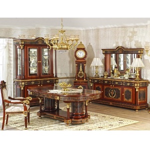 Ensemble de table de salle à manger de luxe de style néo classique Ensemble de table à manger polonais brun foncé sculpté antique Table à manger en bois de teck royal - Product Image 1